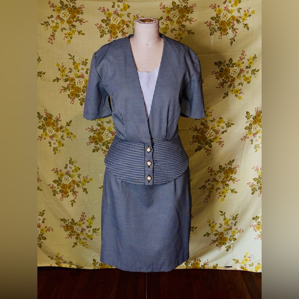 Vintage 90s Gingham Peplum Pencil midi Dress Size 5/6 secretary teacher